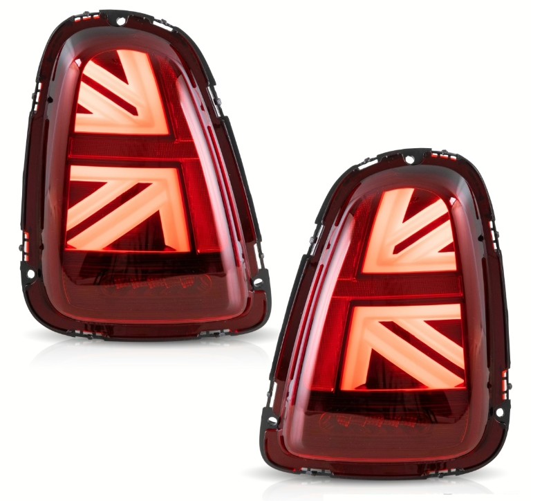 LED baglygter med Union Jack design i rød/klar til Mini R56, R57, R58 og R59