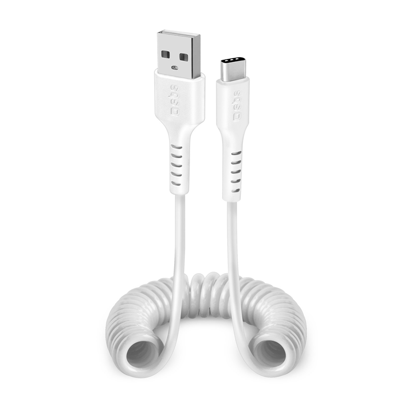 Chaiselong hugge ribben SBS data- og opladning spiralkabel USB 2.0 - USB C. 17-100 cm - Hvid -  Mobil tilbehør - Dansk Autoudstyr
