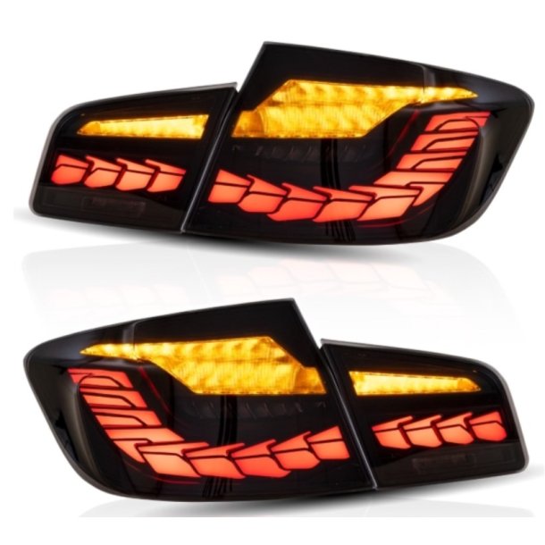 OLED baglygter s�t med dynamiske blink i sort/r�gfarvet til BMW 5-serie F10 sedan, 2011-2019