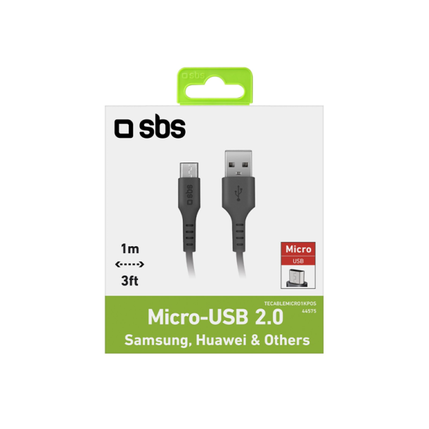 SBS data- og opladningskabel USB 2.0 - Micro USB. 1 meter - Sort