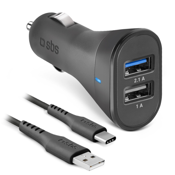 SBS USB C biloplader kit. 1A + 2.1A. 1 m. - Sort