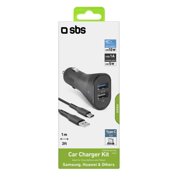 SBS USB C biloplader kit. 1A + 2.1A. 1 m. - Sort