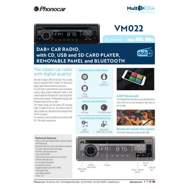 Phonocar autoradio 1 DIN med DAB+, CD, BT, USB, SD og aux
