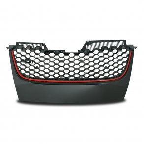 JOM Frontgrill GTI look med honey comb gitter i sort med rd liste til VW Golf 5