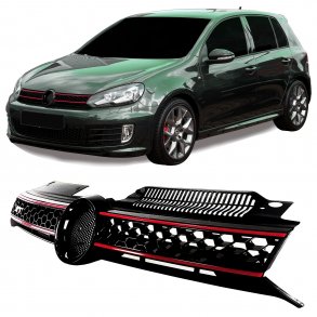 JOM Sports Frontgrill med honey comb gitter i sort med rd liste til VW Golf 6, rgang 2008-2012