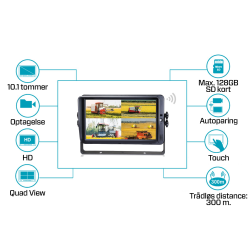 VST 10,1" HD Monitor m/trdls modtager, Quad funktion
