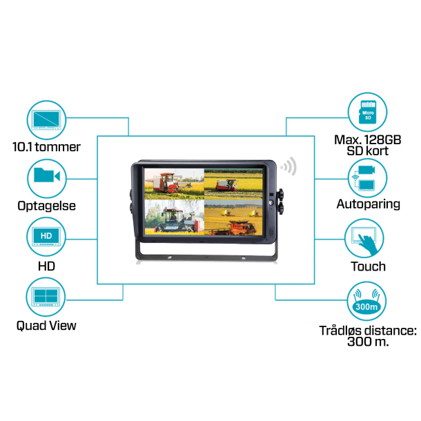 VST 10,1" HD Monitor m/trdls modtager, Quad funktion